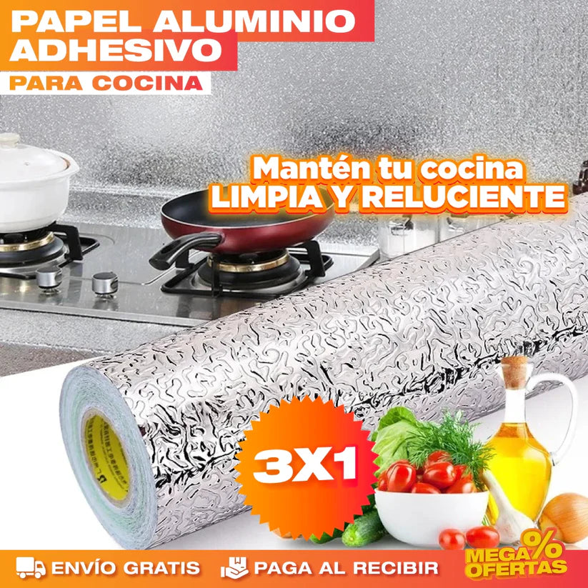 PROMO 3X1 PAPEL ALUMINIO ADHESIVO DE COCINA 60cm x 2 mt